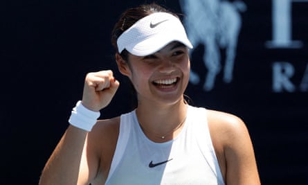 Emma Raducanu celebrates winning her first round match against Russia’s Ekaterina Alexandrova.