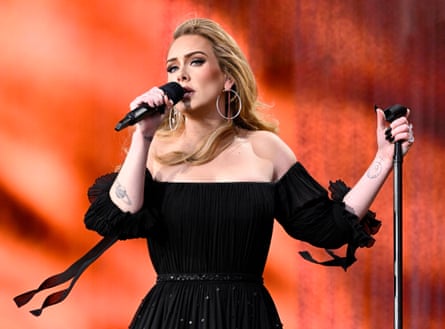 Adele on stage in a black dress at London’s Hyde Park