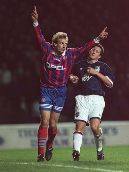 Jurgen Klinsmann celebrates a goal against Raith Rovers in 1995.