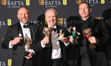 Richard Beek, Nick Park and Merlin Crossingham, plus plasticine friends, at the Baftas.