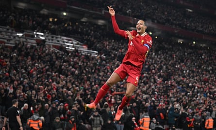 Virgil van Dijk celebrates after scoring Liverpool’s fourth goal at Anfield.