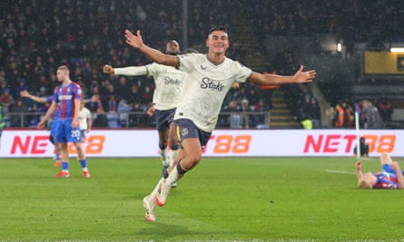 Carlos Alcaraz wheels away in celebration after netting the winner for Everton