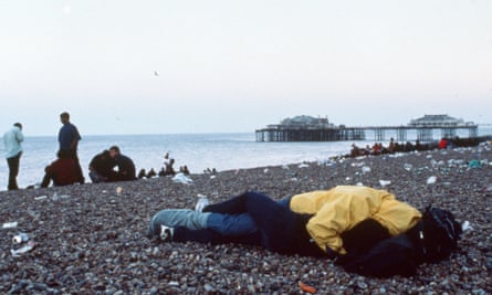 Clubbers on the beach in Brighton at 5.45am on 9 August 1998.