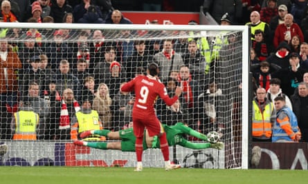 Darwin Núñez’s penalty is saved by PSG’s Gianluigi Donnarumma in Liverpool’s shootout defeat in the Champions League last 16.