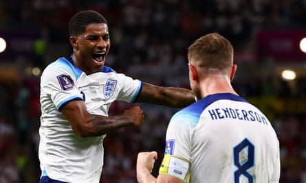 Marcus Rashford celebrates with Jordan Henderson after scoring for England against at the 2022 World Cup.