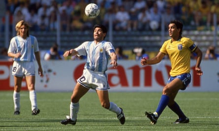 Diego Maradona keeps his eyes on the ball during Argentina’s victory over Brazil at Italia 90.