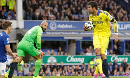 Chelsea’s Diego Costa celebrates his team’s third goal in a nine-goal thriller at Everton.