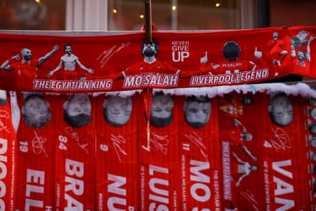 Mo Salah scarves on sale outside Anfield on derby day.