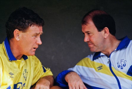 Harvey (left) with the Everton manager Howard Kendall.