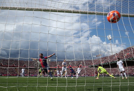 Ferran Torres celebrates after Raphinha’s third goal for Barcelona.
