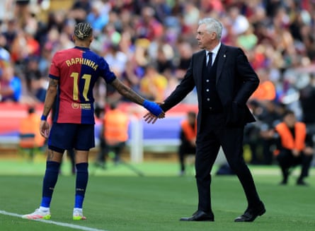 Carlo Ancelotti will become Raphinha’s head coach when he takes the Brazil job later this month.