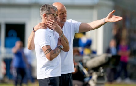 The Sampdoria manager, Alberico Evani (left), and his assistant Attilio Lombardo watch their side from the touchlines during the Serie B match against Carrarese Calcio in April.