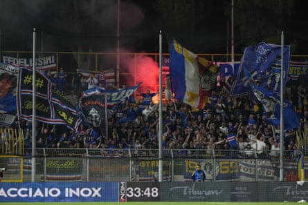 Sampdoria fans cheer on their side during the Serie B match at Juve Stabia.